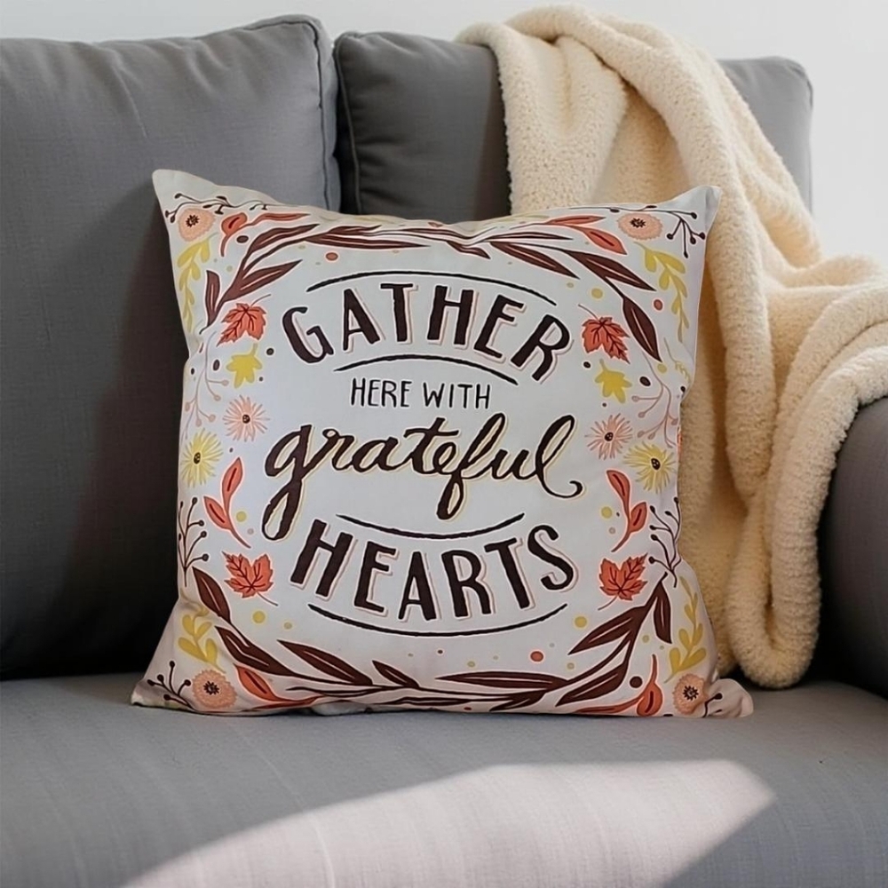 'Gather Here With Grateful Hearts' Large Throw Pillow